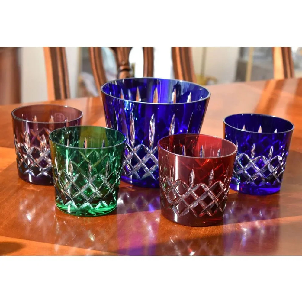 Vintage Set of AJKA Colored Crystal Old Fashioned Glasses with Ice Bucket